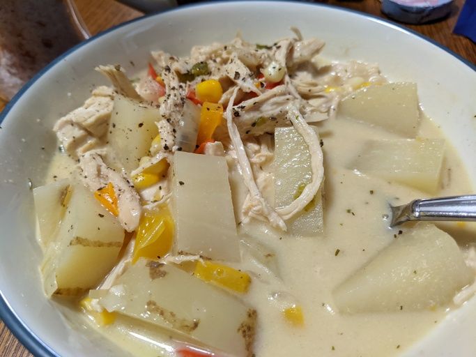close up view of Creamy Chicken and Corn Chowder