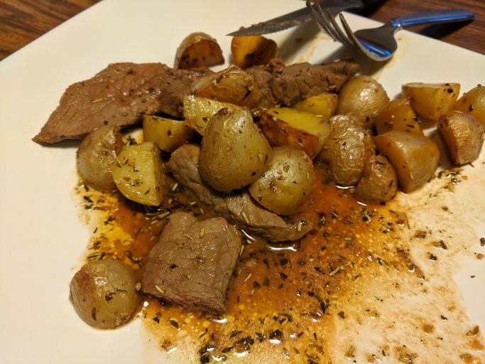 close up view of Garlic Butter Steak and Potatoes Skillet