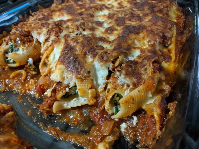 close up view of Italian Sausage, Spinach and Ricotta Stuffed Shells