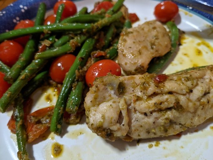 close up view of One-Pan Pesto Chicken and Veggies