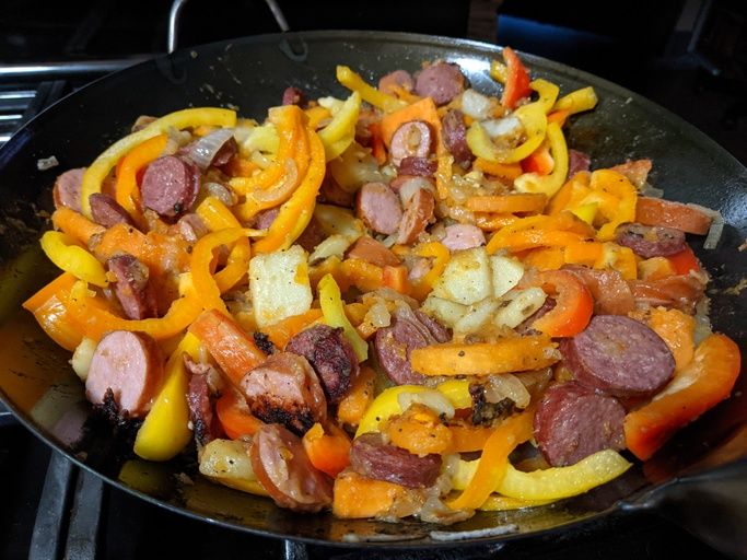 close up view of Sausage, Pepper, Onion and Potato Hash