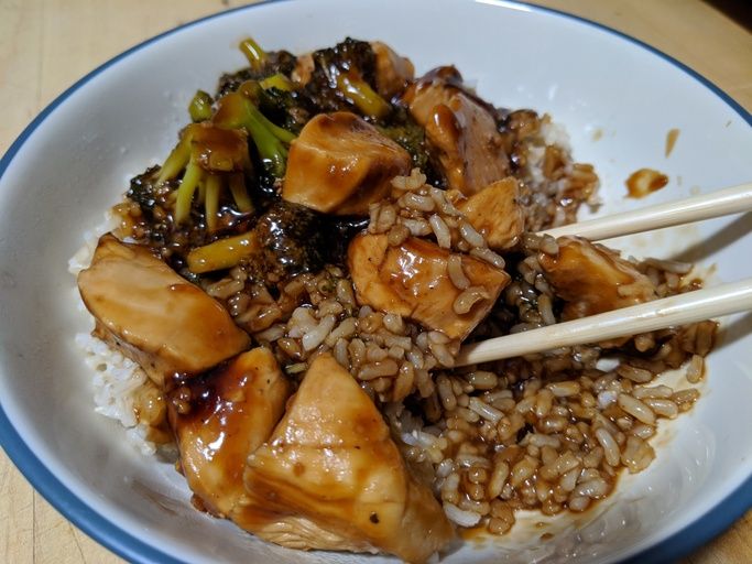 close up view of Teriyaki Chicken and Broccoli