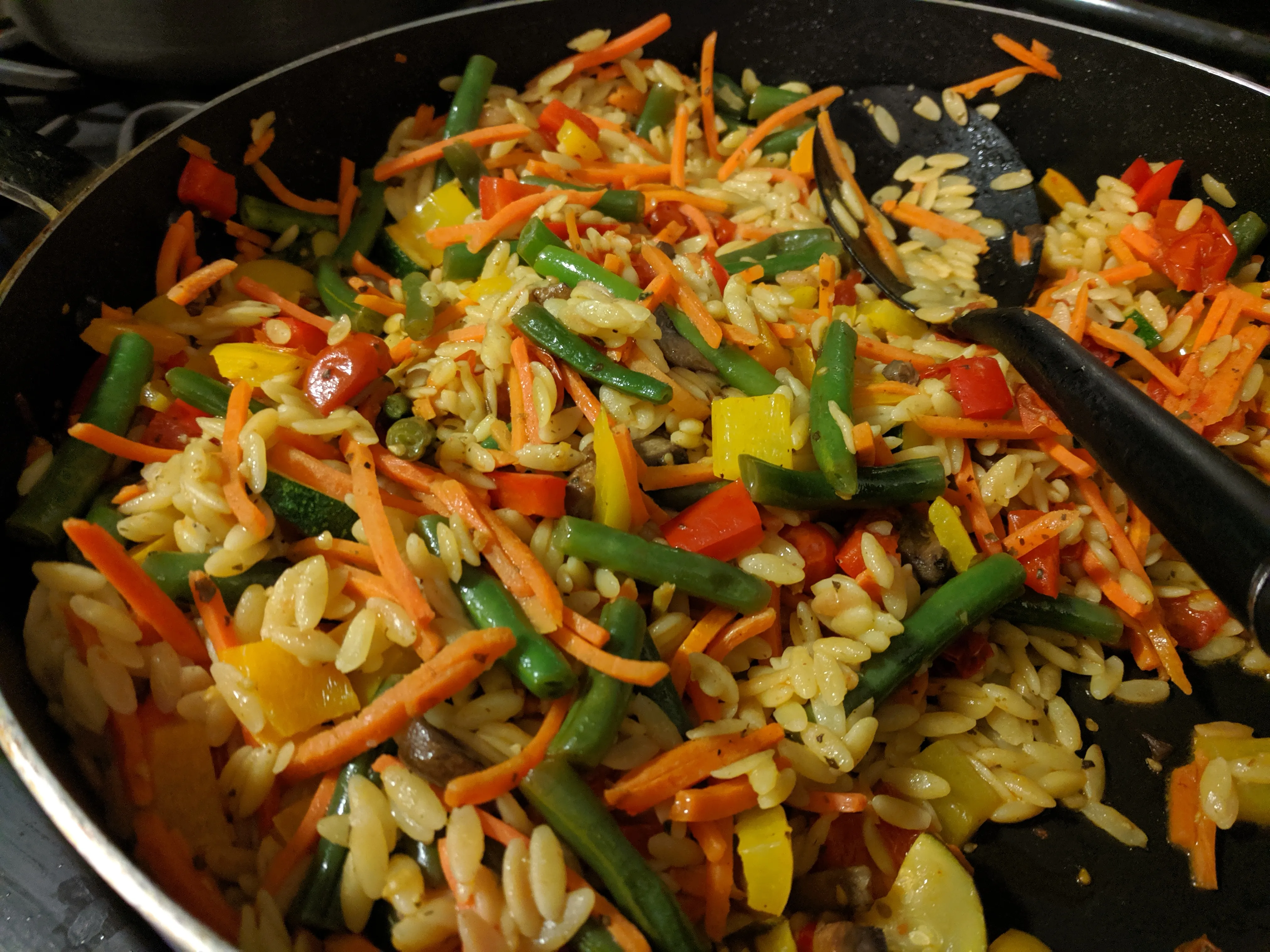close up view of Lemon Garlic Orzo with Veggies